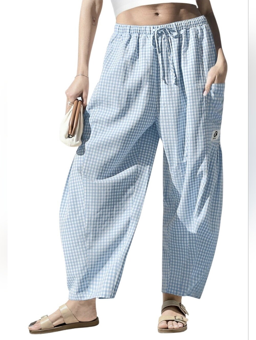 TARSE Linen Blend Wide Leg Gingham Pants Barrel Palazzo Harem Women Large